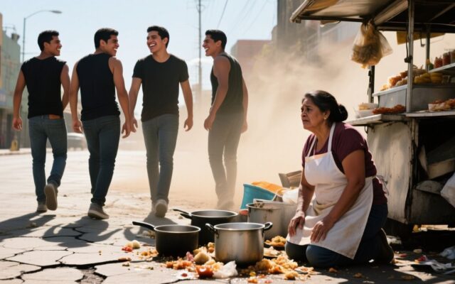 Vendedora humilde junto a su puesto de comida callejera destruido por cuatro jóvenes que no pagaron el almuerzo