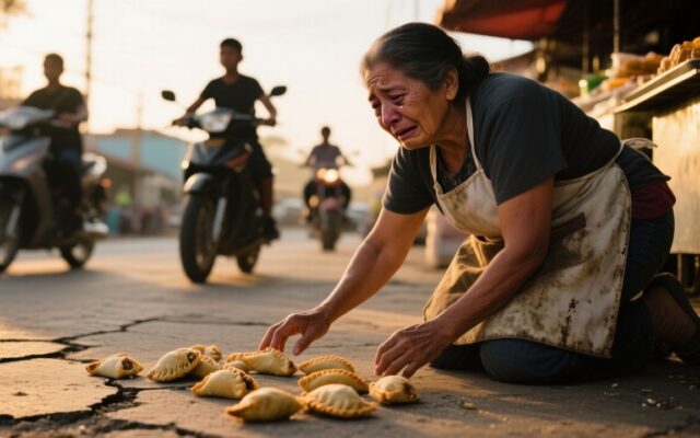 Doña Carmen junto a su puesto de empanadas con mantel a cuadros rojos y blancos en la esquina