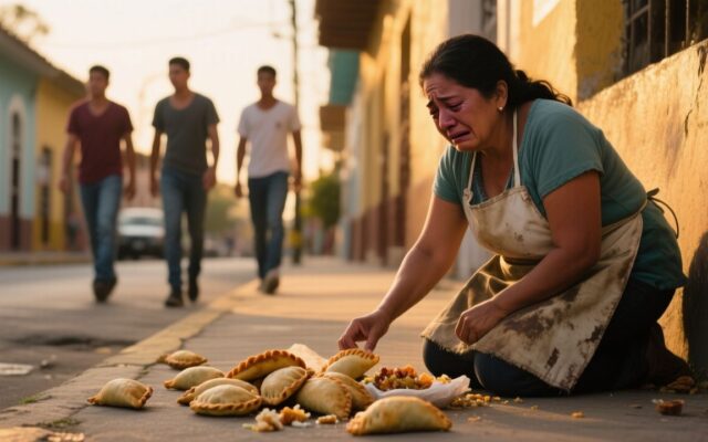 Doña Carmen vendiendo empanadas en su carrito vintage en la esquina de la avenida principal del barrio La Esperanza