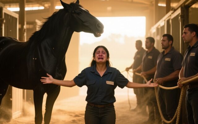 Joven empleada acariciando a un caballo negro llamado Azabache en el rancho Los Álamos