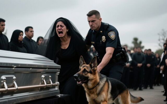 Perro pastor belga malinois junto a un ataúd de caoba en una capilla ardiente durante un sepelio