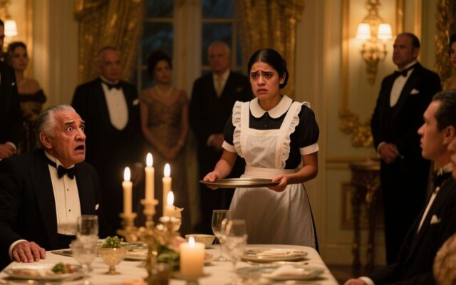 Mujer joven con uniforme de empleada sosteniendo una bandeja de plata en una elegante cena de gala en una mansión