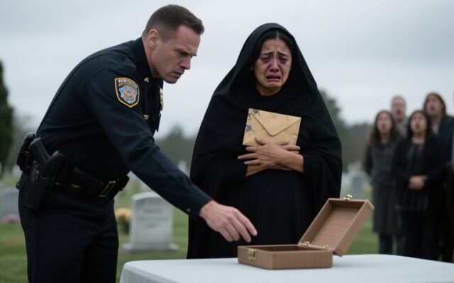 Oficial abriendo una caja blanca de evidencia frente a una viuda y su hijo en el cementerio municipal