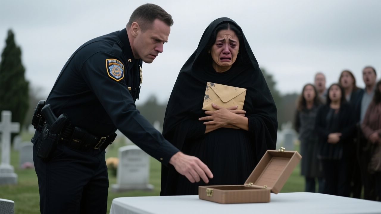 Oficial abriendo una caja blanca de evidencia frente a una viuda y su hijo en el cementerio municipal