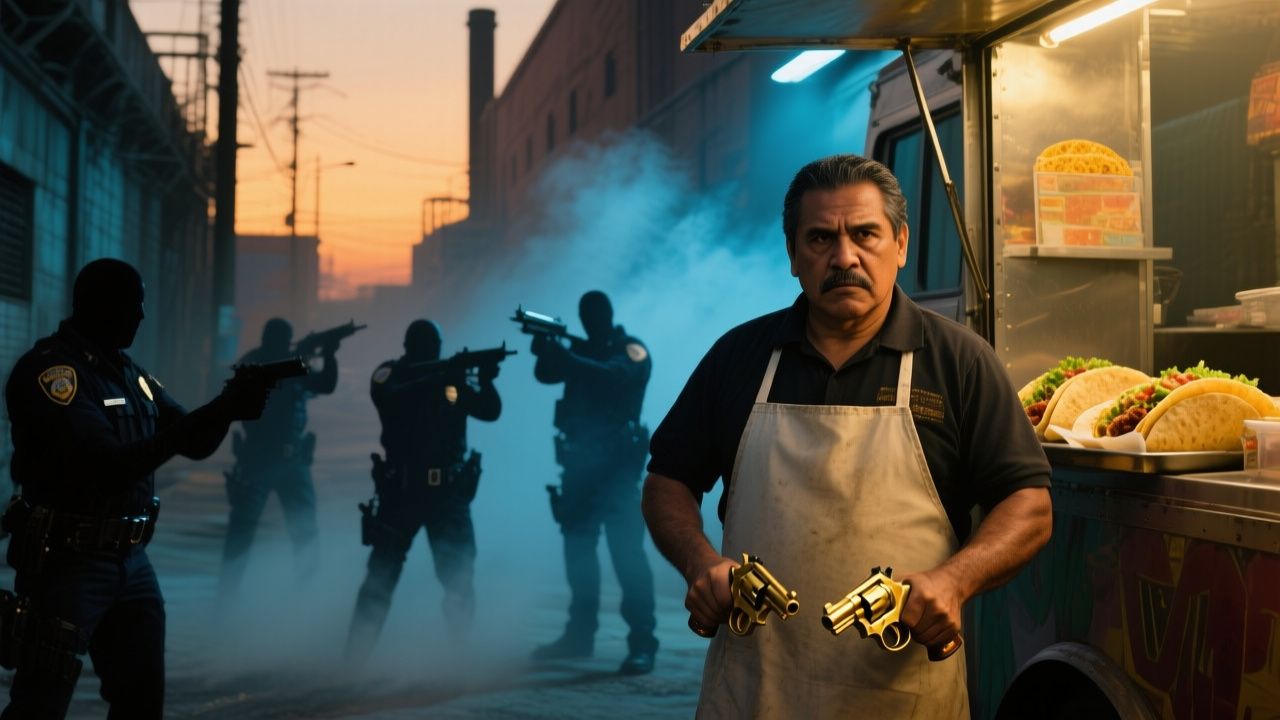 Taquero veterano con dos revólveres dorados enfrentando a policías armados en un callejón industrial de noche