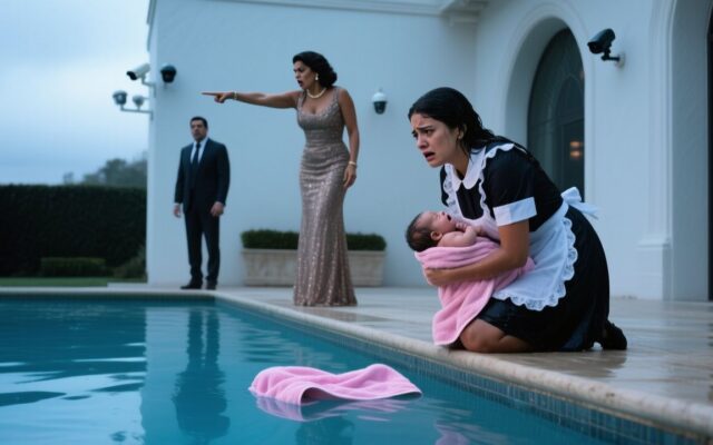 Empleada empapada sostiene al bebé rescatado junto a la piscina de la mansión, con la toalla rosa flotando en el agua
