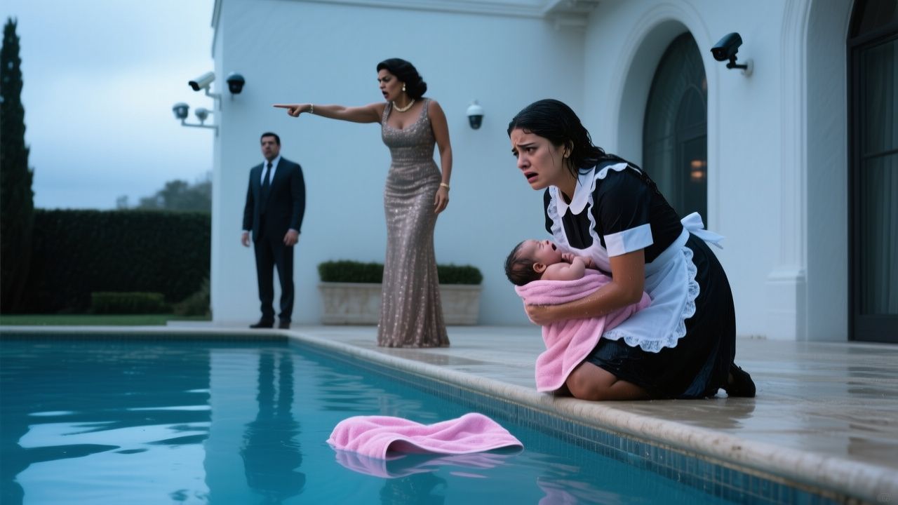 Empleada empapada sostiene al bebé rescatado junto a la piscina de la mansión, con la toalla rosa flotando en el agua