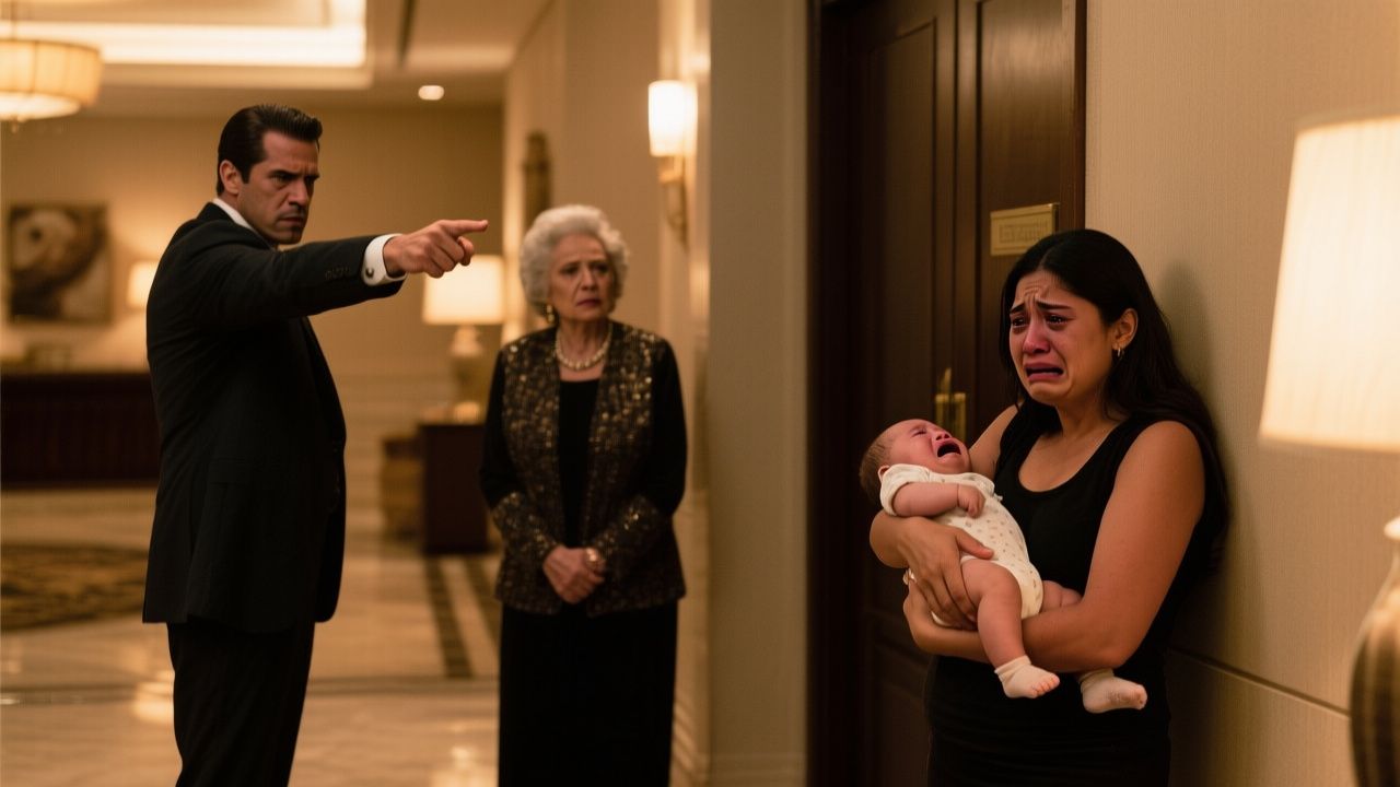 Joven madre con su bebé en brazos siendo humillada por el gerente en el lobby de un hotel de lujo