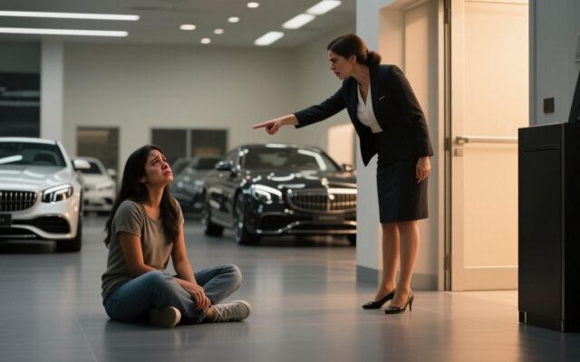 Joven de suéter mostaza tirada en el piso de un concesionario de autos de lujo mientras una gerente rubia le grita frente a l