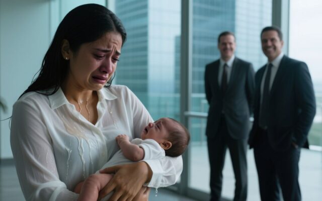 Madre joven con su bebé en brazos siendo humillada por ejecutivos en el lobby de la Torre Corporativa Piantini
