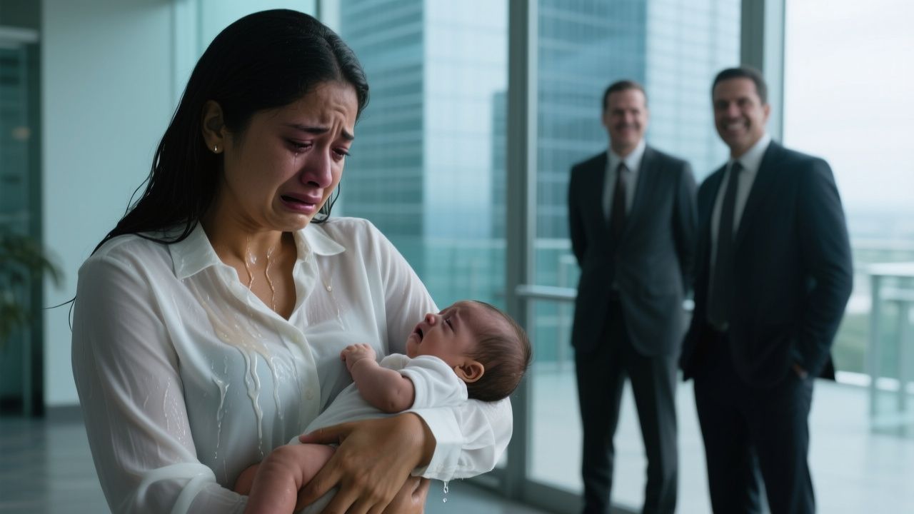 Madre joven con su bebé en brazos siendo humillada por ejecutivos en el lobby de la Torre Corporativa Piantini