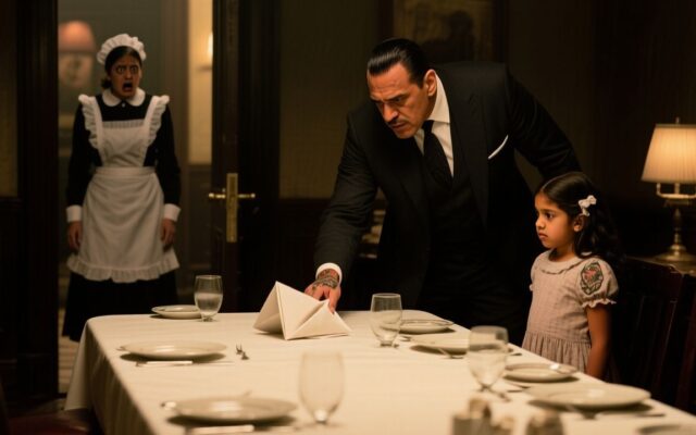 Niña dejando un papelito doblado sobre la mesa blanca del comedor mientras el jefe tatuado la observa en silencio