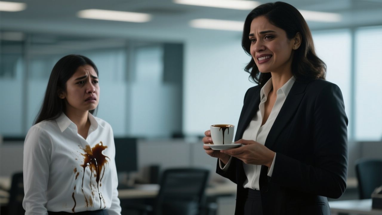 Jefa tirana derramando café sobre la blusa blanca de su pasante frente a toda la oficina