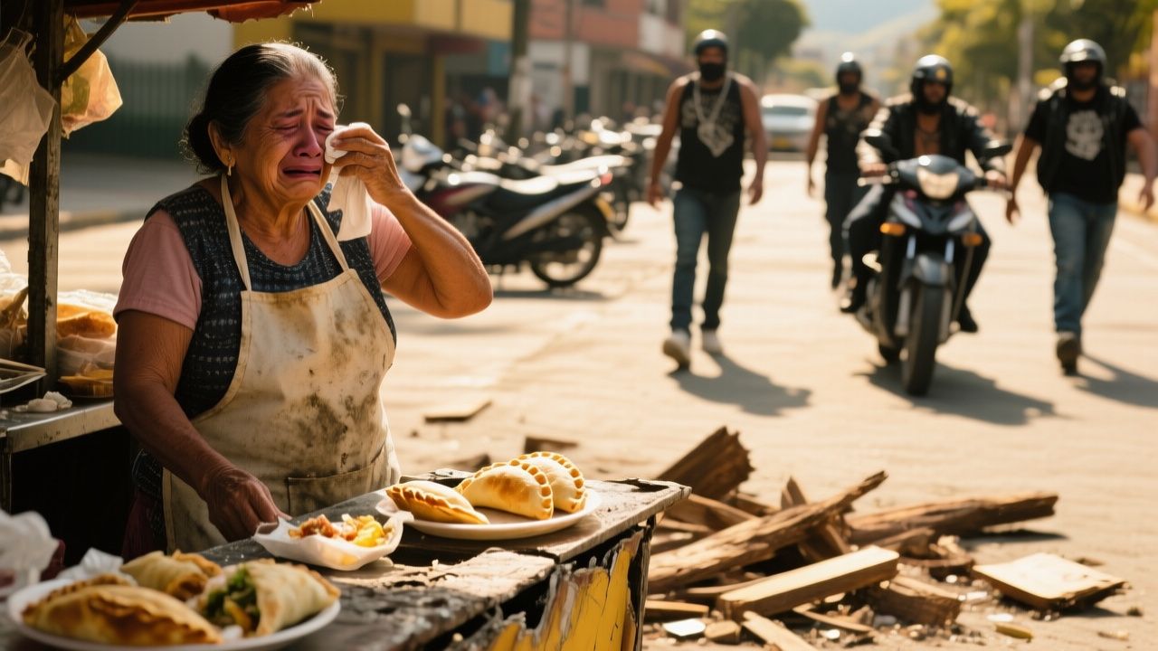 Doña Rosalba, anciana vendedora de empanadas, frente a su carrito azul en la calle 67 del barrio Manrique, Medellín